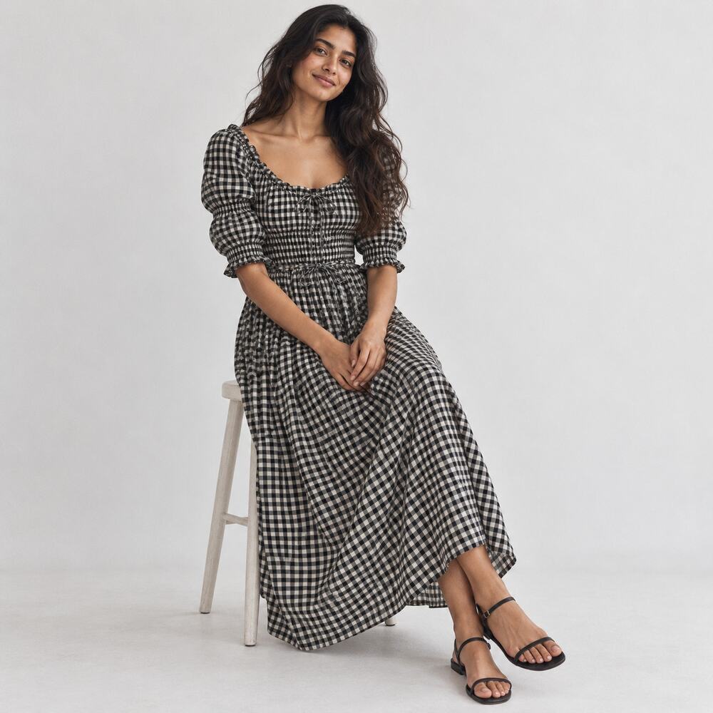 Doen Ischia Maxi Dress in Noir Greta Gingham Womens L Plaid Romantic Puff Sleeve